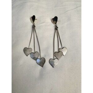 Vintage Sterling Mexico Long 3 Tier Heart Dangle Earrings 4" L